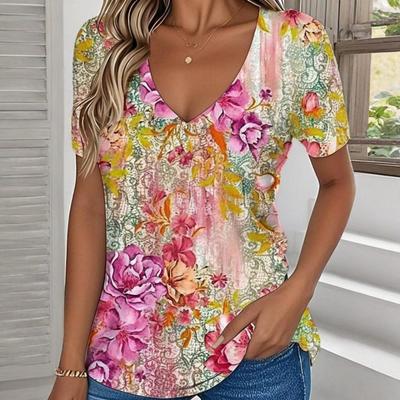Damen V-Ausschnitt T-Shirt Sommer Outdoor Mode Kurzarm Freizeit Oberteil 3D Blumenmuster Damenbekleidung