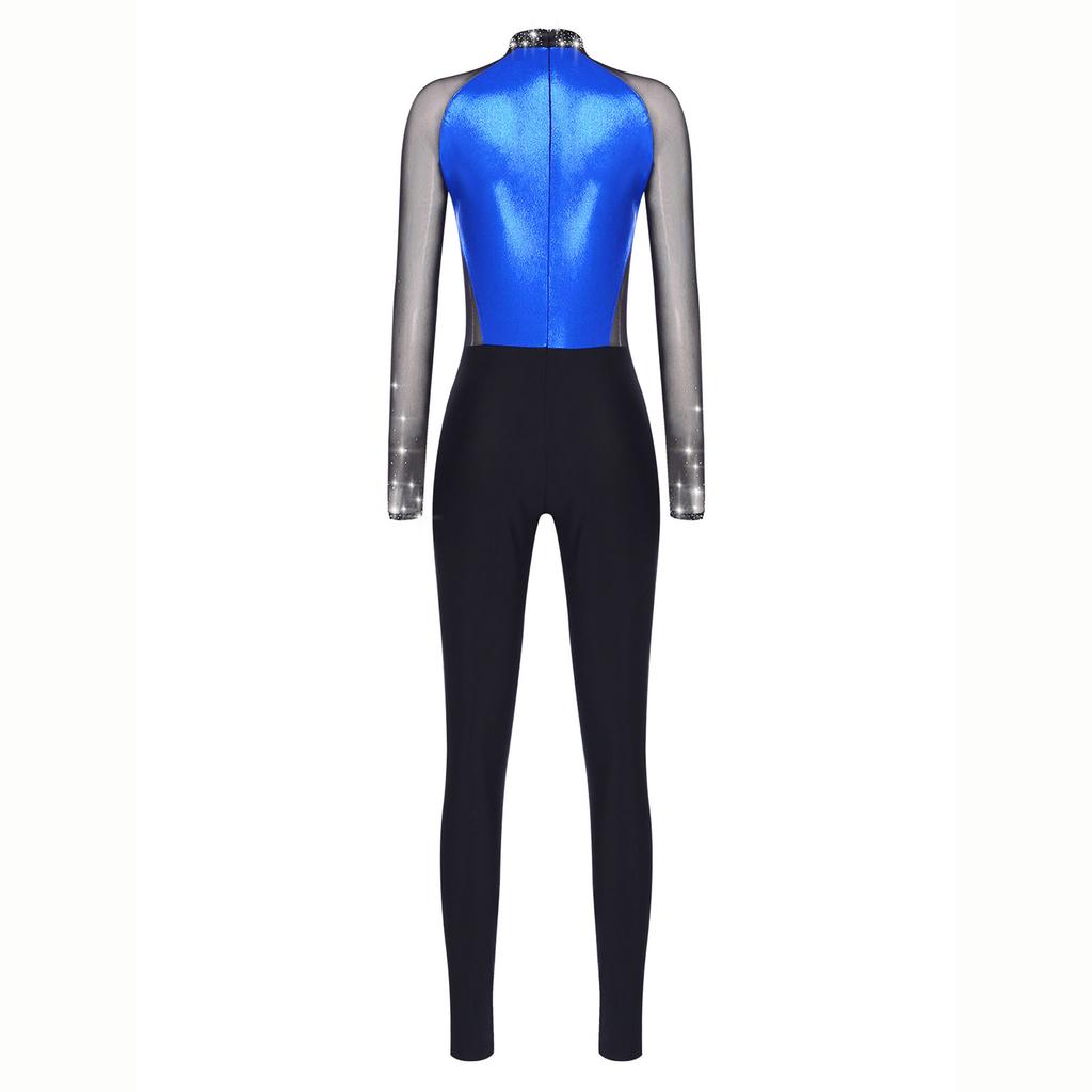 Sparkling Rhinestone Dance Leotard for Women, Full Body Long Sleeve Jumpsuit with Sheer Mesh Patchwork & Color Block Design