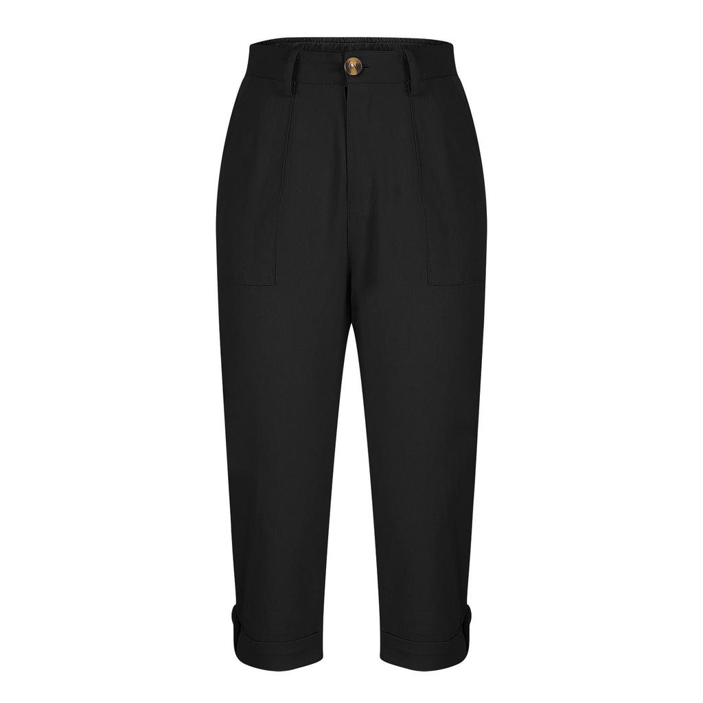 Women Casual Capri Pants High Waisted Rolled Cuff Ankle Pants Solid Color Pocket Detail Loose Fit Trousers