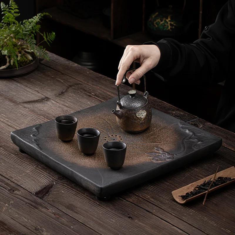 Retro Creative Ceramic Tea Tray, Antique Gilt Stoneware, Dual-use Square Tea Tray, Drain Tea Table, Japanese Style Simple Tray