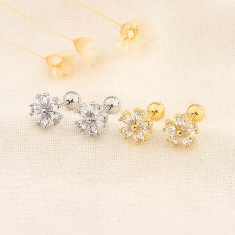 Elegant Zircon Flower Screw Back Earrings For Women Fashionable Small Exquisite Niche Design Studs Jewelry