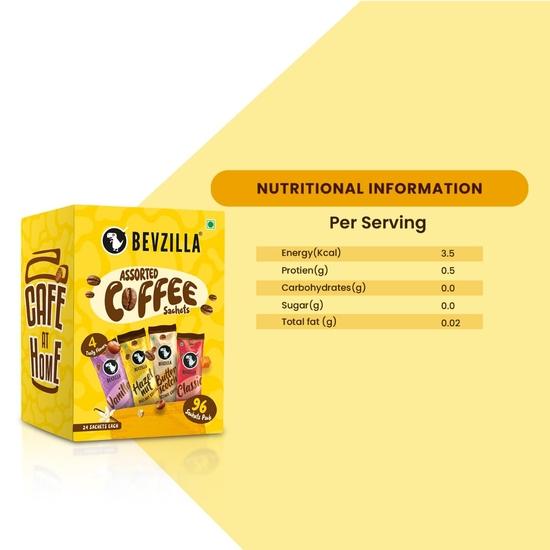 Bevzilla 96 Instant Coffee Powder Sachets(4 Flavours) - 192 Grams | Hazelnut, Classic, Vanilla & Butterscotch | 24 Pouches Each Flavour