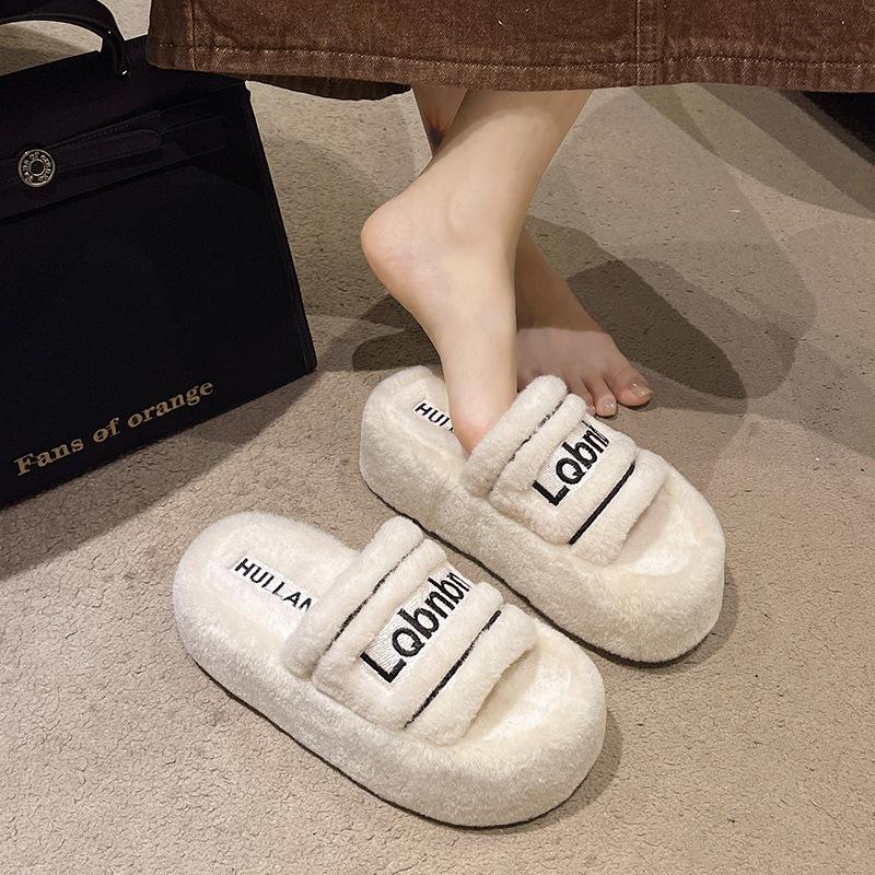 Popular Mao Mao slippers women's autumn and winter wear 2025 new embroidery advanced sense Internet celebrity thick bottom plush cotton slippers