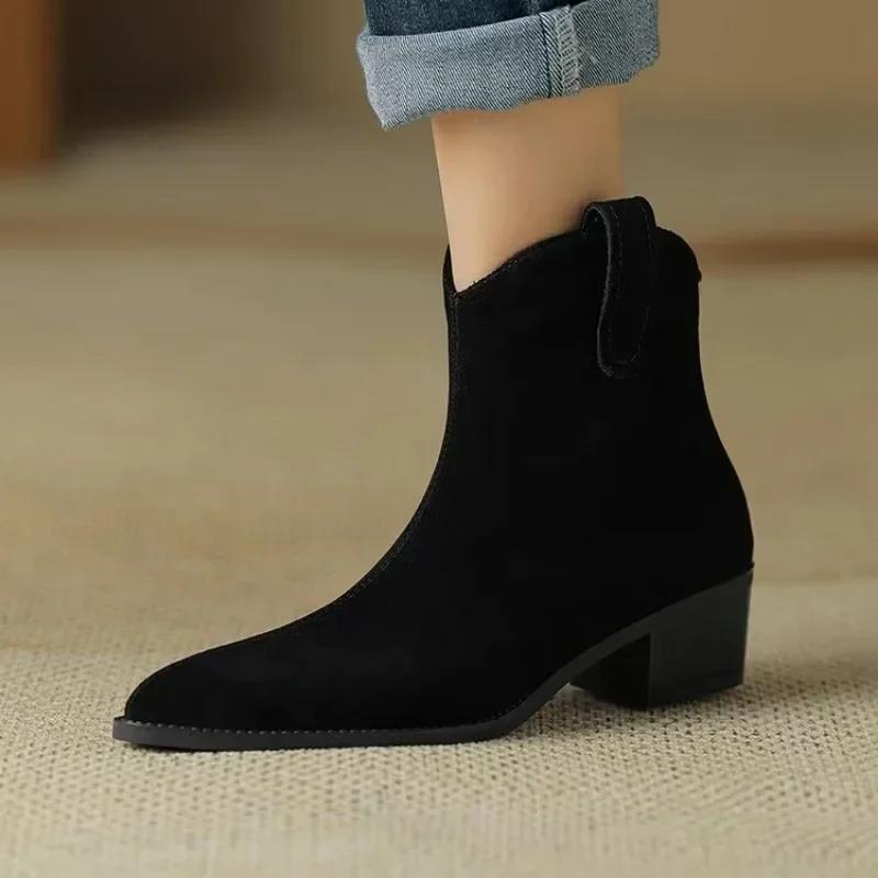 

Autumn Winter Women Boots 2026 Quality Chelsea Ankle Boots Trend Versatile Women s Shoes Fashion Suede Pointed Mid Heels Shoes 35 чёрный