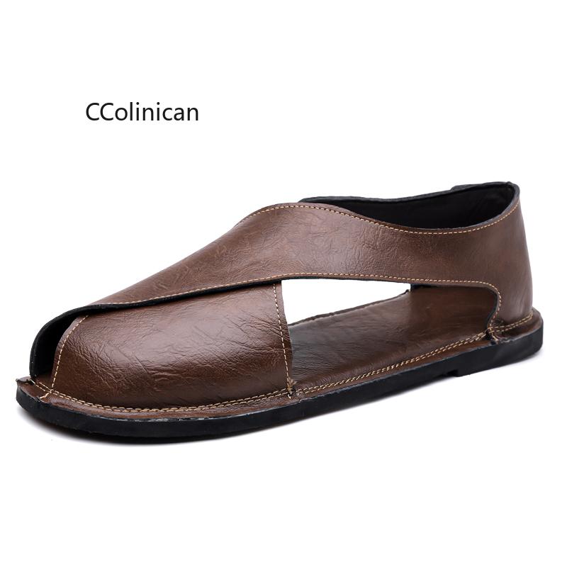 Genuine Leather Handmade Men Flat Bottom Casual Sandals Summer New Style Soft Bottom Anti-Slip Business Shoes Breathable