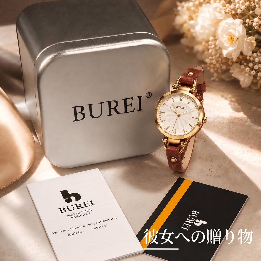 BUREI Japanese Quartz Simple and Slim Brown Leather Strap Women's Watch, Silver, Movement, Waterproof, Stylish, Design,