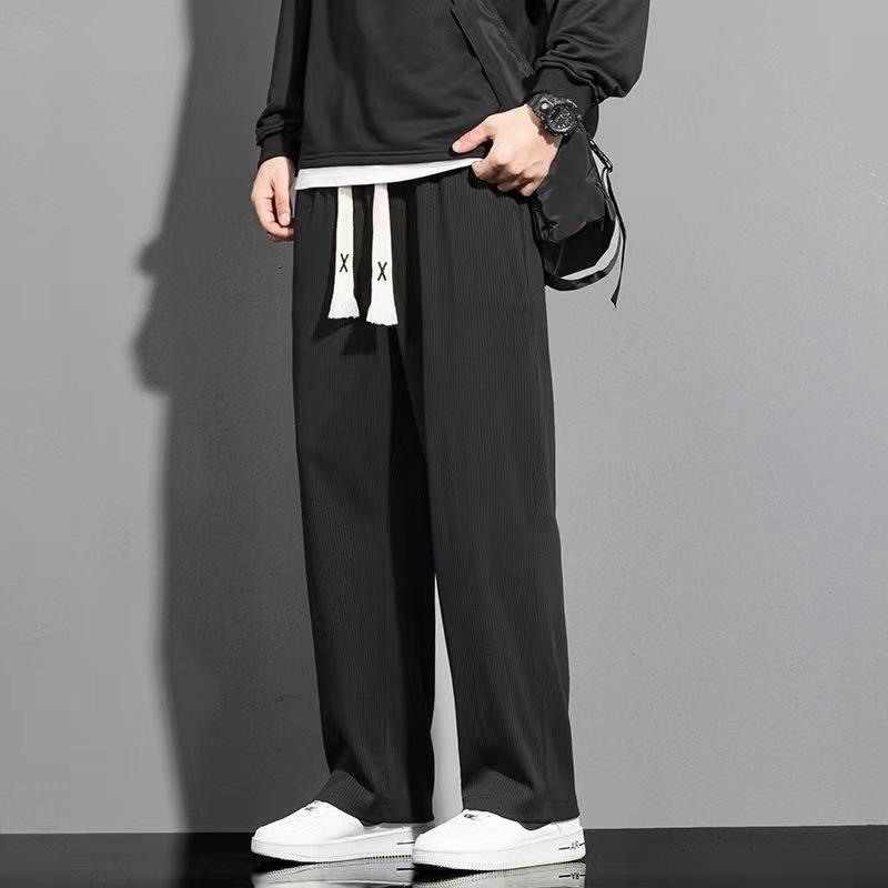 Men's Trendy Summer Ice Silk Wide-Leg Pants - Casual, Solid Color, Plus Size, Straight-Leg Sports Style