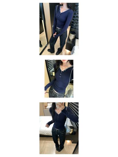 Korean V-Neck Color Block Patchwork Two-Piece Layered Top for Women, Autumn/Winter 2025 New Arrival