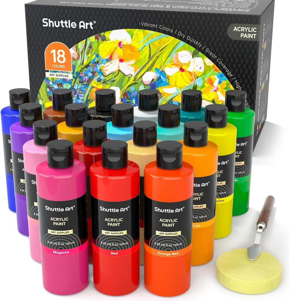 Shuttle Art Acrylic 18 Large Paint Knife and Sponge Quick Water Easy To Can Paint On Glitter Art Adult Coloring Art College School Use Paint, Colors,