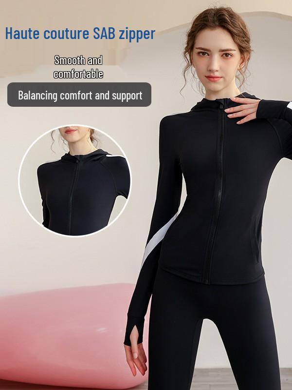Women's Color Block Yoga Jacket - Hooded, Stretchable, Zipper Cardigan for Fitness