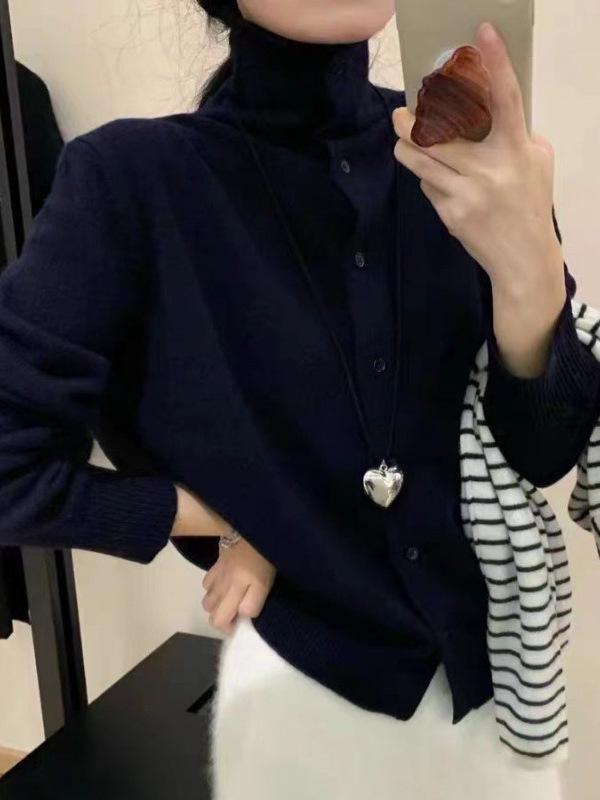 Korean Style High Neck Cashmere Cardigan - Women's Warm, Stylish Solid Color Wool Sweater for Autumn/Winter.