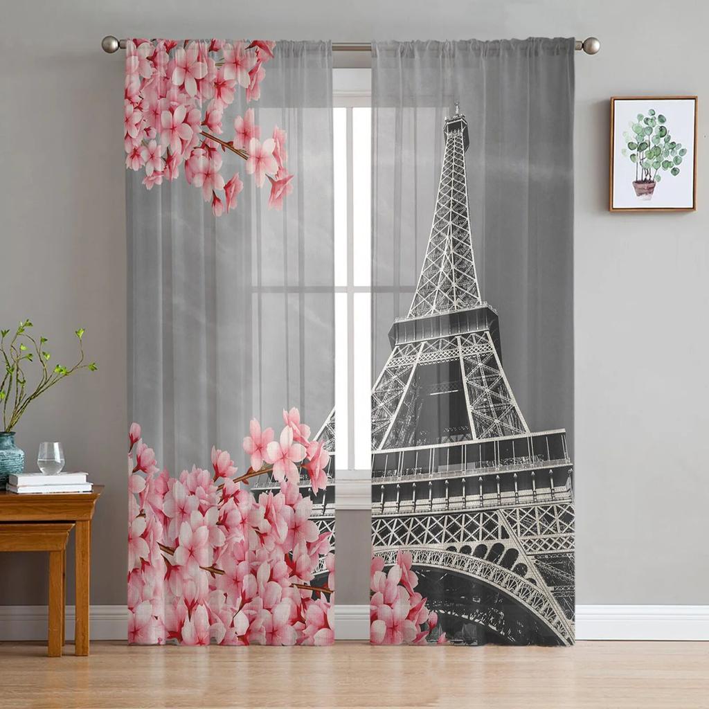 Black And White Paris Drawing Tulle Curtains for Living Room Drapes Window Sheer Modern Curtains for Bedroom Decor
