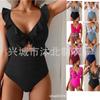 Costume da bagno intero da donna con scollo a V, fiocco in vita, dettaglio a balze, fantasia multipla, costume da bagno estivo per la spiaggia