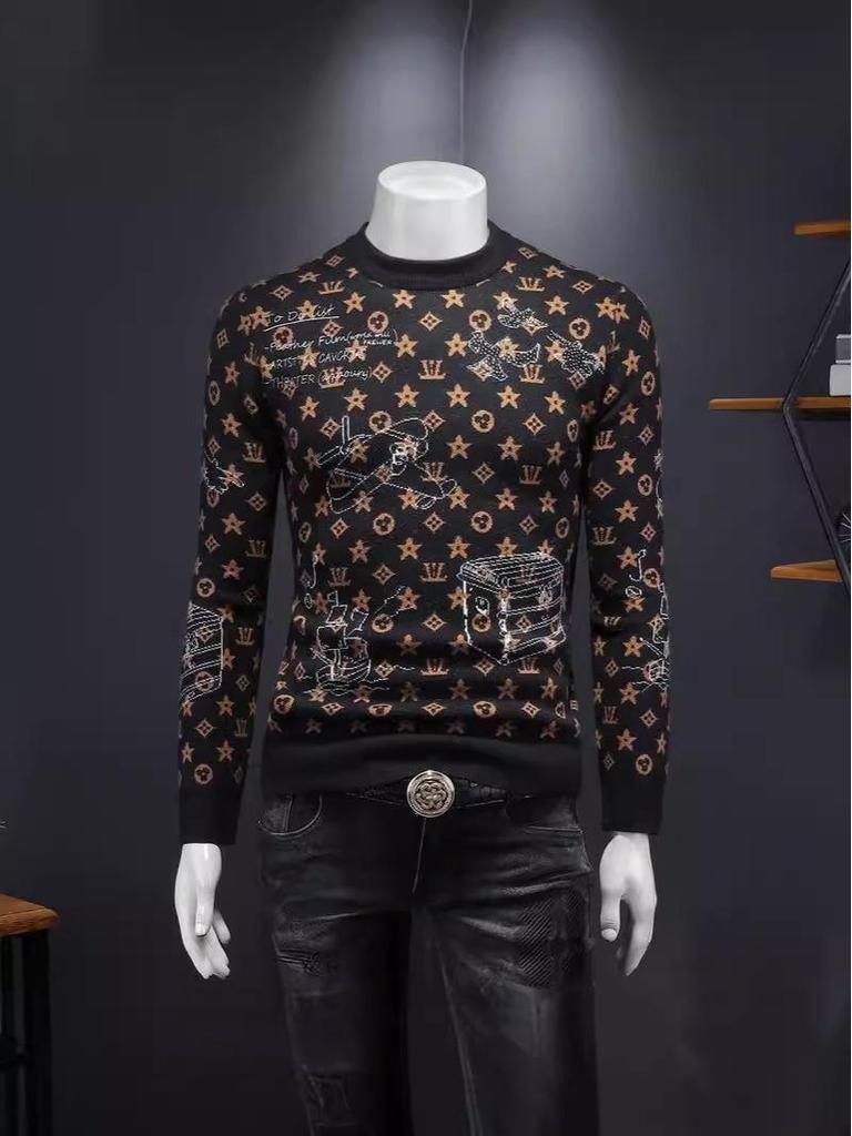 Męski zimowy europejski sweter z żakardowej wełny 2024 - Modny dzianinowy z okrągłym dekoltem, codzienna odzież