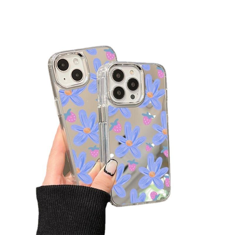 Strawberry flower mirror for iPhone17pormax mobile phone case 16pro niche x Apple 14 all-inclusive 15