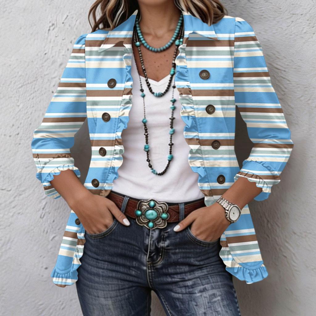 Women's Casual Striped Print Long Sleeve Ruffle Button Down Shirt Jacket for Everyday Wear