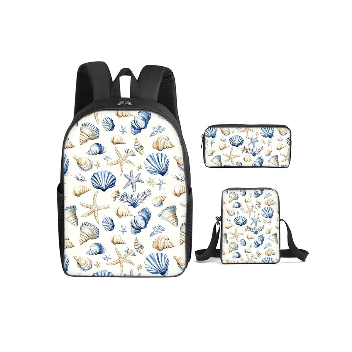 Schelp Print 3 Stuks/Set Rugzak met Schoudertas, Etui voor Jongen/Meisje Beste Cadeau Cartoon Student Schooltassen