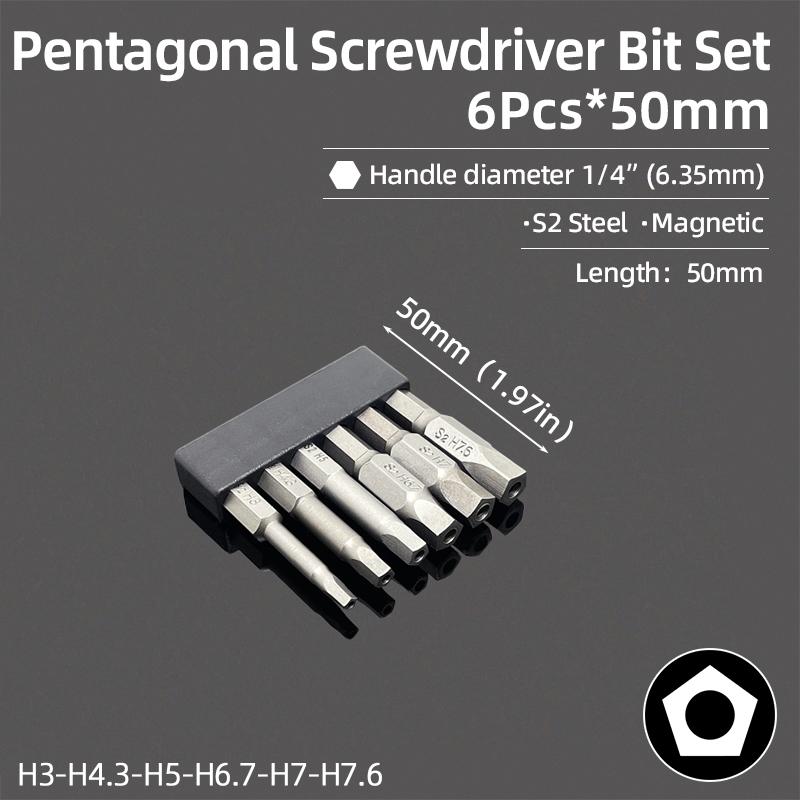Magnetic Pentagonal Screwdriver Bit Set With Hole 1/4" Hex S2 Steel 50mm Security Torx Drill Bits Ratchet Wrench Hand Tools