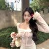 Pure Desire Patchwork Square Neck Halter Long Sleeve Slimming Women's Top - Autumn/Winter.