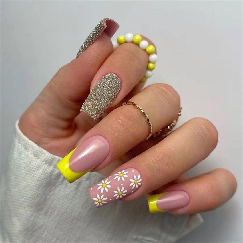 24Pcs Pink Matte French Leopard Square Coffin Press On Nails Artificial Acrylic Fake Nails For Women