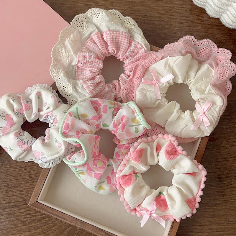 Elegant Print Lace Edge Wide Scrunches For Women Girls Sweet Hair Tie Cute Exquisite Hair Band  Hair Accessories Gifts