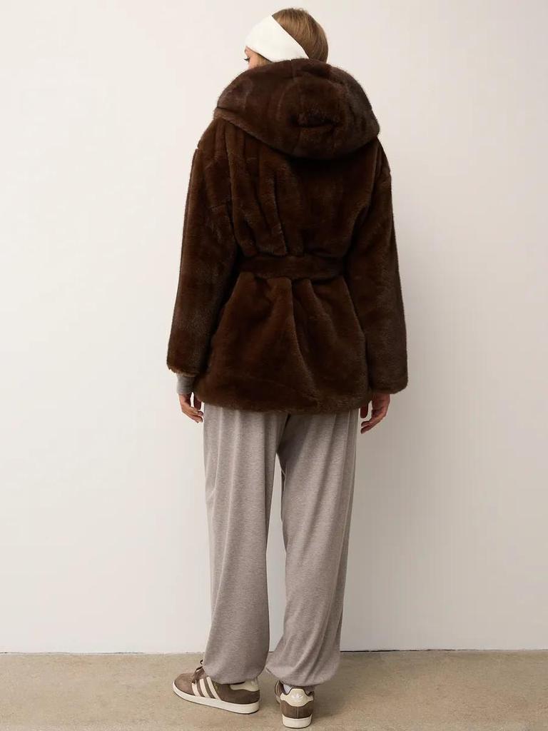 Women's Mid-Length Hooded Eco-Friendly Faux Mink Fur Coat with Belt