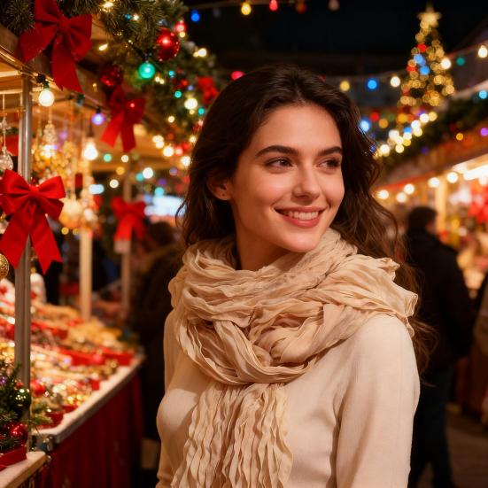 Women Pleated Scarf Thickened Weave Autumn Winter Scarf Solid Color Breathable Shawl Headscarf Outfit Accessories