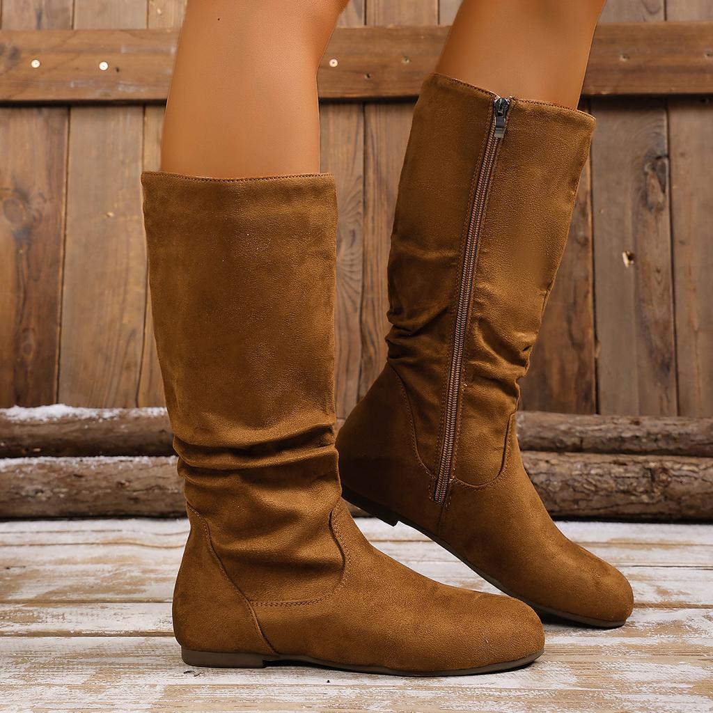 Pile boots women's knight boots retro suede thick heel round head 2025 autumn and winter new black wrinkled high boots