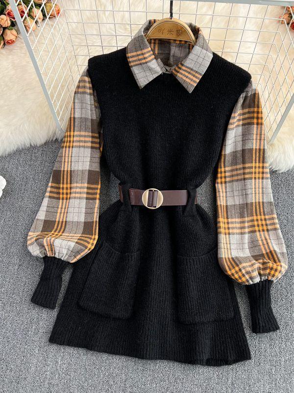 2025 Autumn and Winter New Two-piece Set Waist Plaid Shirt Vest Fashion Suit Knitted Sweater Women