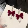 Fashion Velvet Wine Red Bowknot Earrings For Women Long Zircon Pearl Earring Wedding Party Jewelry Gift Aesthetic