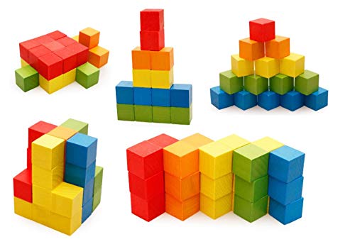 Sasuga Wooden Cube Building Blocks, 100 Pieces, Educational Toy for Toddlers and Adults (Colorful)