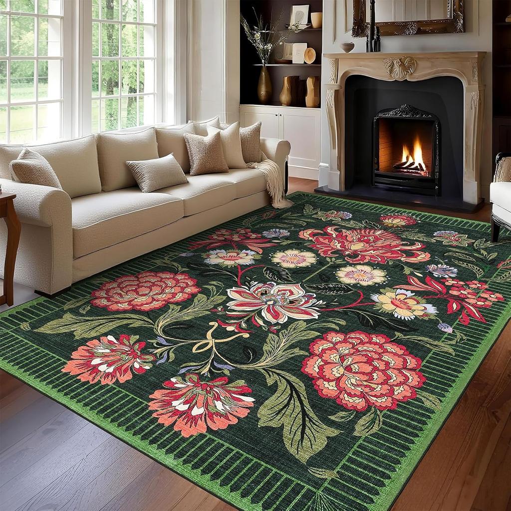 Flowers Plants Carpeting Bohemian Style Vintage Living Room Bedroom Carpet Green Brown Beige Door Mat Home Decoration Rug