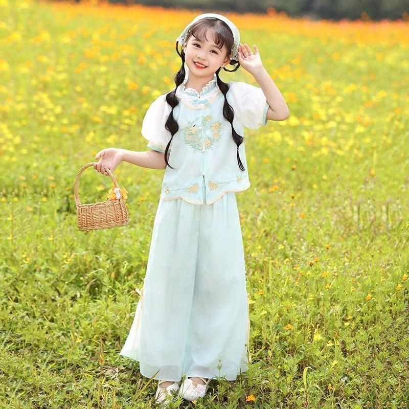 Women's Neo Chinese Style Summer Slimming Children's Ancient Style Improved Suit Skirt Long Pants Set Chinese Style