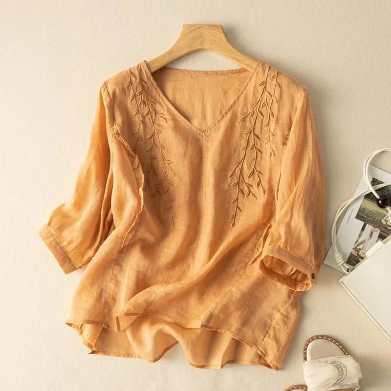 Summer new embroidered cotton and linen top loose temperament literary retro seven-quarter sleeve casual versatile