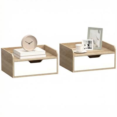Set van 2 wandmontage nachtkastjes, nachtkastjes met lade en dienblad met verhoogde randen, 40x30x19.5cm, natuurlijk hout