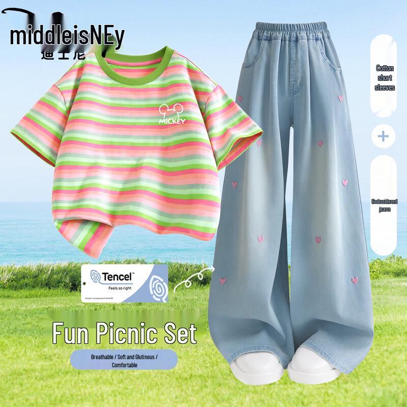 Disney Girls  Summer T-Shirt & Wide-Leg Denim Set 140