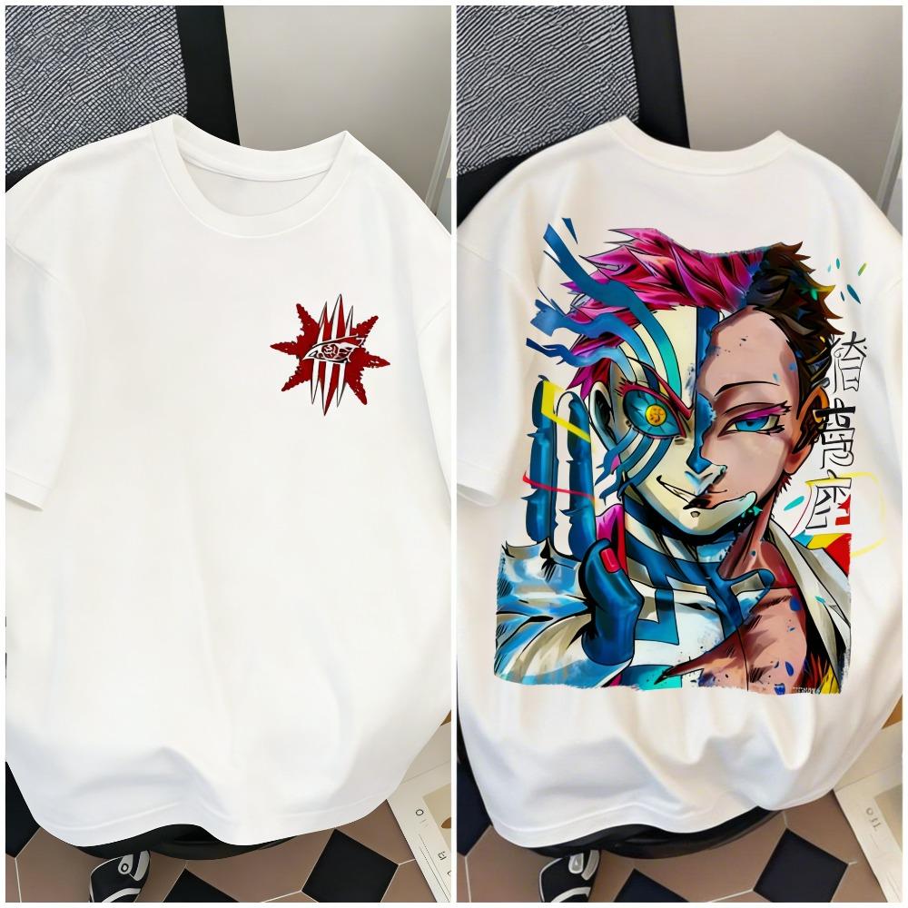 Demon Slayer Akaza bedruckte Baumwoll-T-Shirts für Herren und Damen, Sommer 2026, Cartoon-Muster, lockere Passform, kurzärmelig.