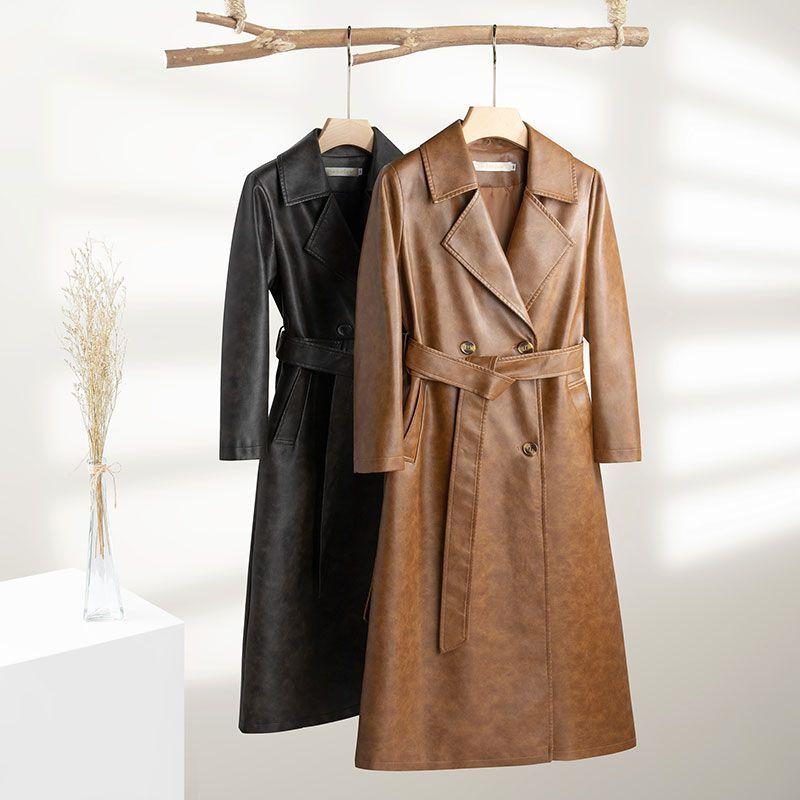 Elegante Soprabito Lungo da Donna Trench Vintage in Pelle Cappotto Mezza Lunghezza Slim Fit Primavera Autunno Capospalla