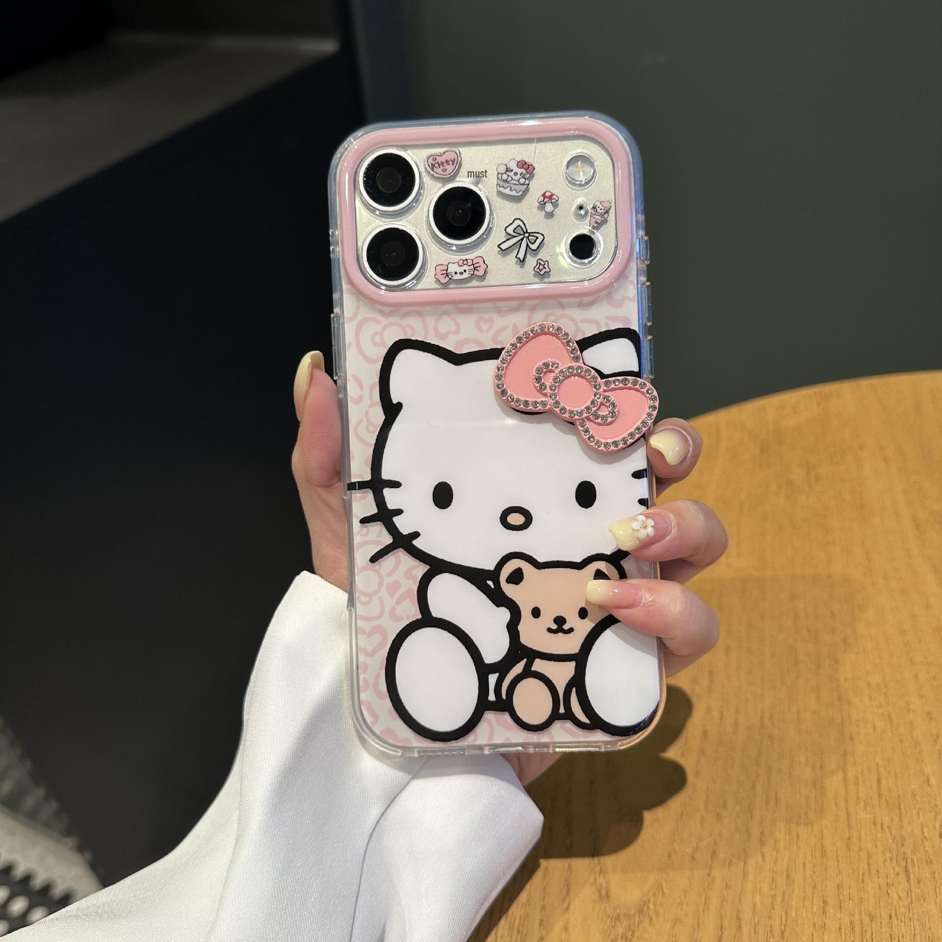 Милый стерео-бант KT Cat Чехол для телефона iPhone 14/15 Pro/16/17 Pro Max с мелкой перфорацией IMD Design iPhone 14 Pro