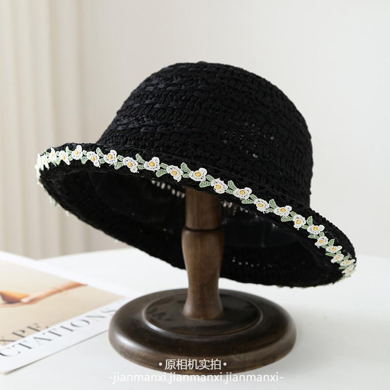 Summer Knitted Brim Bucket Hat Lace Hat Women Breathable Mesh Beach Straw Sun Hat Outdoor Wide Brim Visor Cap