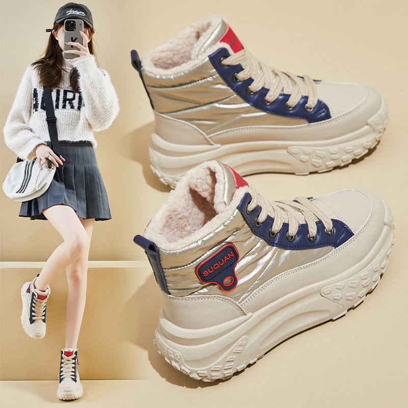 Thick-soled short snow boots women's 2025 winter new velvet thickened warm large cotton shoes high-top casual dad shoes