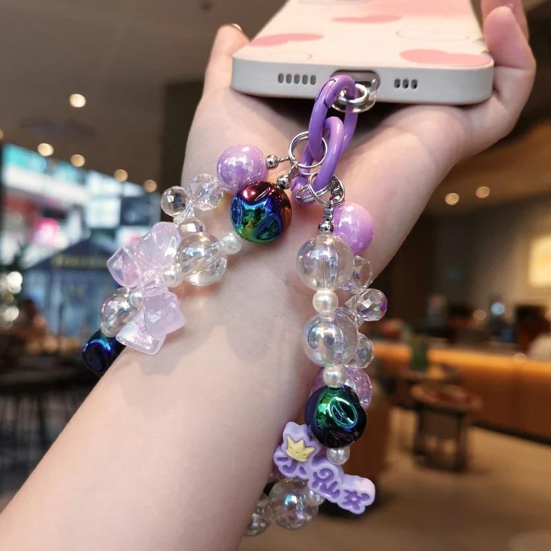 Mobile Phone Lanyard Transparent Bead Lanyard Women Fairy Crystal Wrist Crack Bead Double Chain Clip Style Anti Loss Pendant