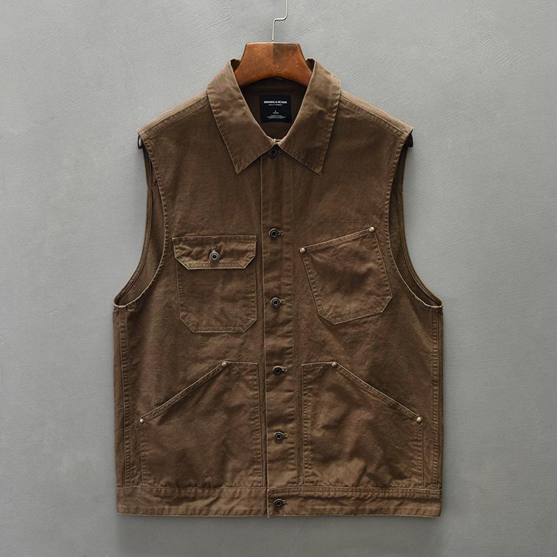 Gilet cargo style rétro coréen pour homme Veste de pêche Gilet Multi-poches Veste sans manches 100% Coton Gilet décontracté Homme