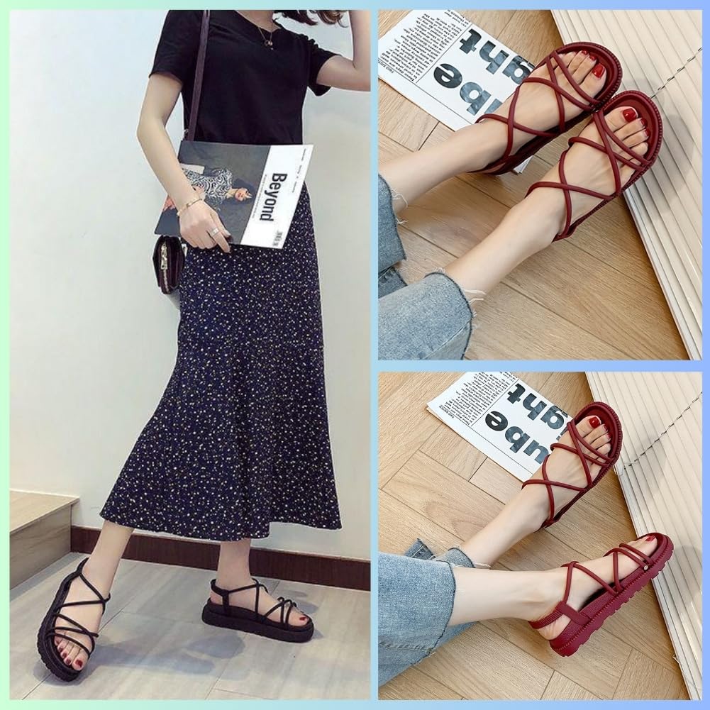 Narrow Strap Sports Sandals for Women [Tiki&Tiki] Lace-up (Wine Red, L)