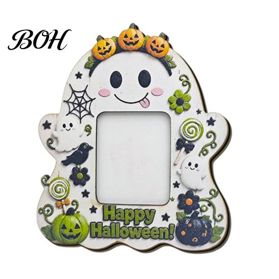Festive Home Accents Halloween Wooden Photo Frame, Cute Ghost Pumpkin Picture Childlike Ornament Rustic Holder for Holiday Table Centerpiece