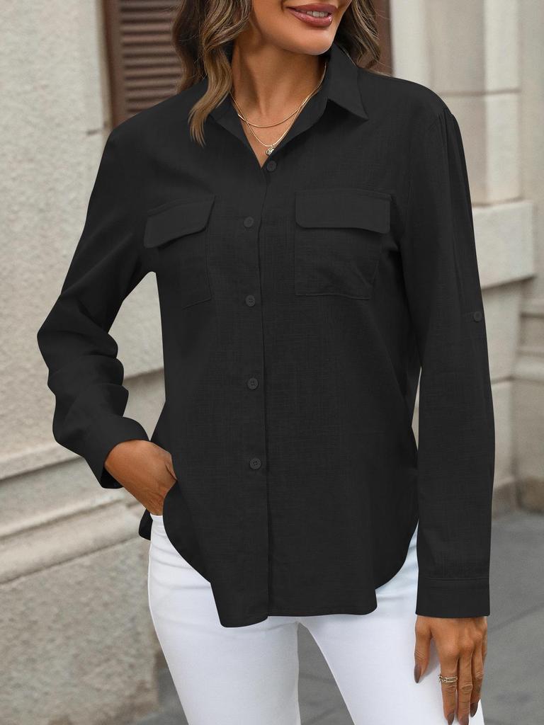 2024 Women's European & American Style Casual Button-Up Solid Color Loose Shirt - Spring/Summer Collection.