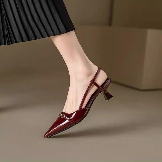 Retro Thin Heel Empty Single Shoes Burgundy Temperament Pointed Head Patent Leather Medium Heel Bag Head Sandals Women's 2025 Winter New Models
