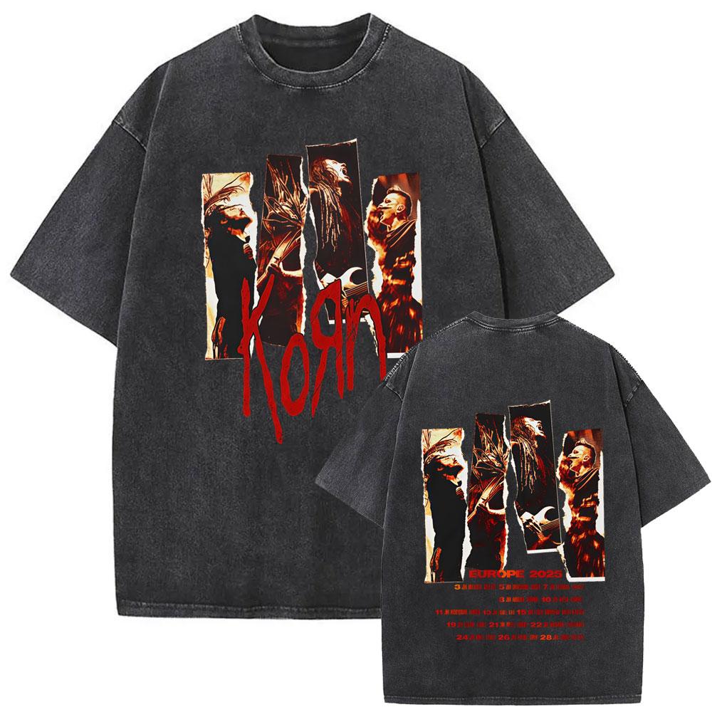 Korn Tour 2026 Vintage Washed T Shirt Men Women Retro Metal Gothic Rock Band T-shirt Male Casual Oversized Short Sleeve T-shirts