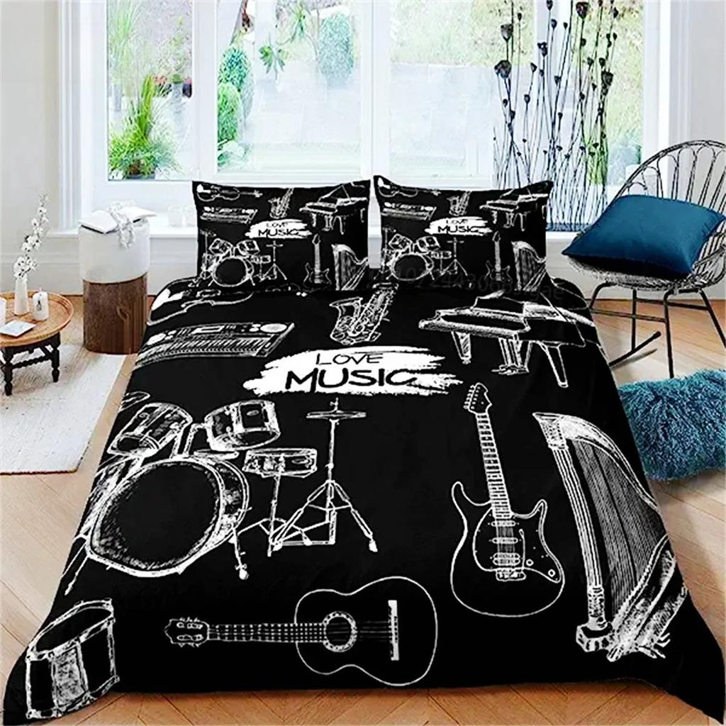 3D Rock Music Themed Guitar Colorful Duvet Cover Fire And Water Bedding Set Modern Gorgeous Microfiber Polyester For Boy Gifts