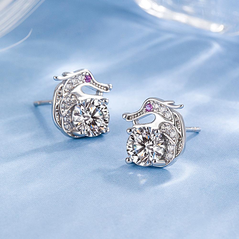 Light Luxury Diamond-encrusted Zodiac Dragon Red Diamond Stud Earrings Niche Design Ear Jewelry